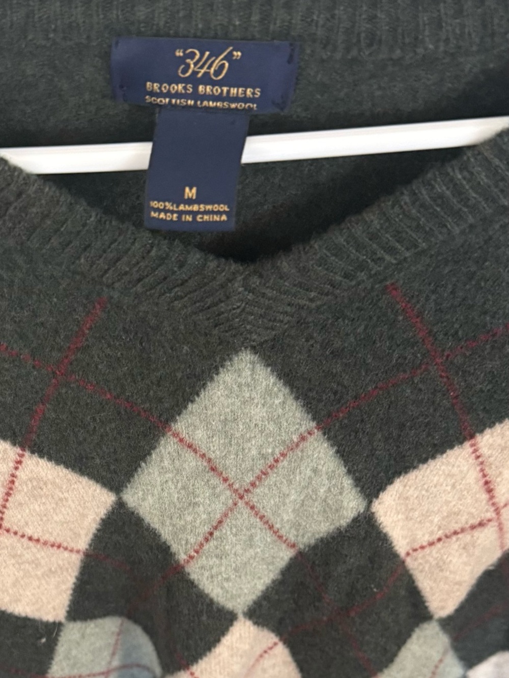Brooks Brothers Men’s Green Argyle Lambswool Sweater - M 100% Lambs Wool